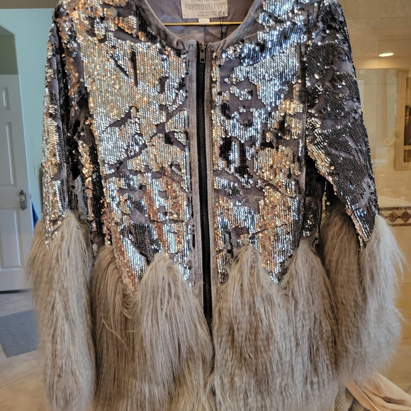 Fabulous Furs PEWTER SEQUIN SHIMMER FAUX FUR JACKET - Picture 8 of 8